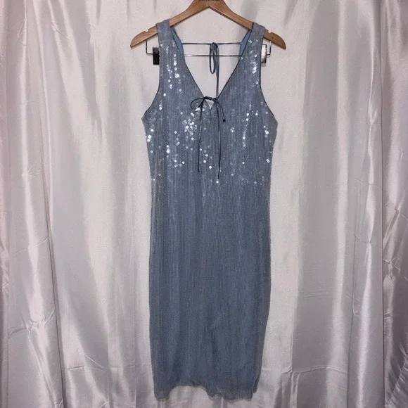 Crystal Doll Light Blue Sequin Mesh V-Neck Tie Back Cocktail Dress XL NWOT - Picture 1 of 9
